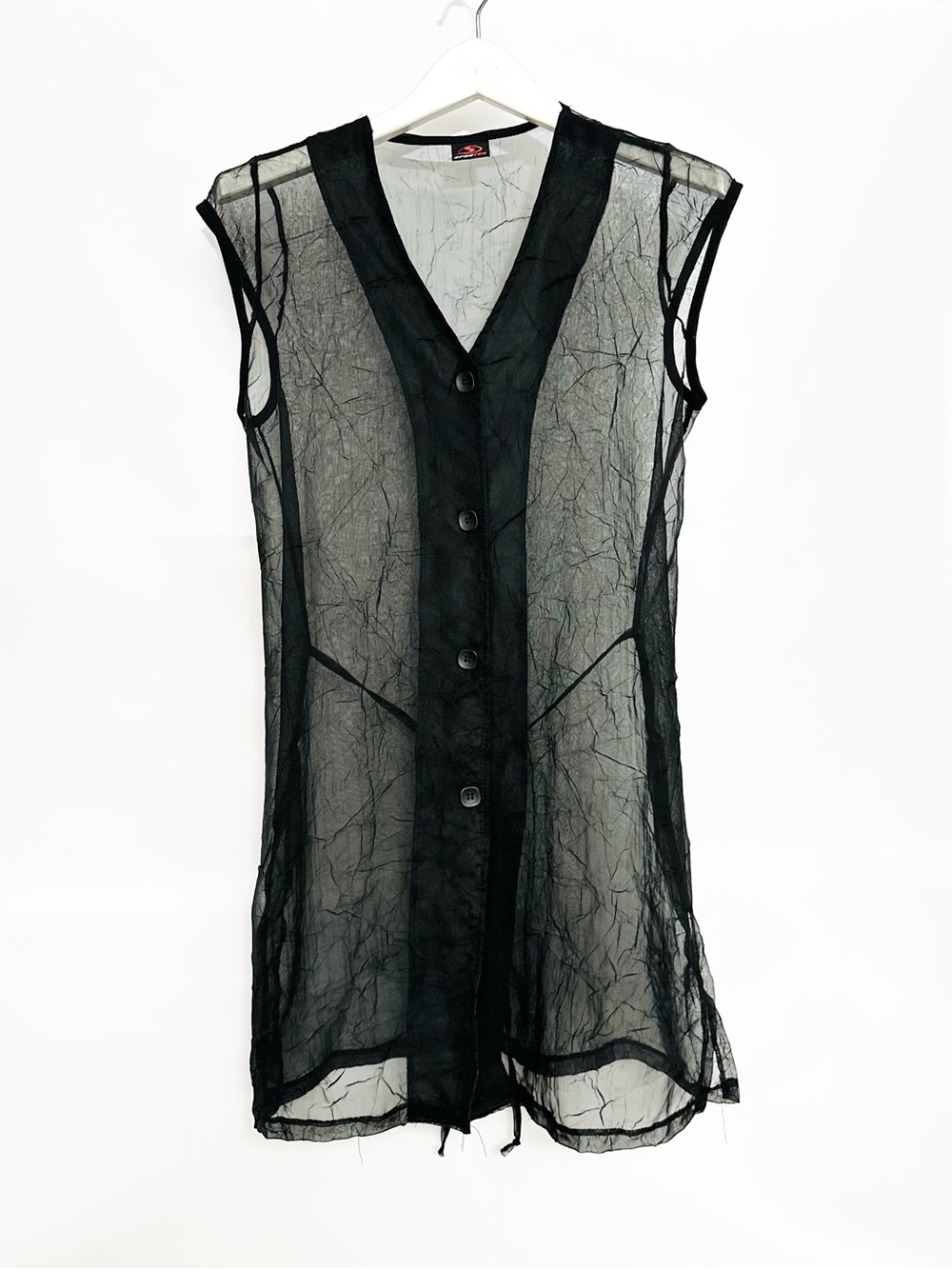 Sheer mesh Black crinkle long vest